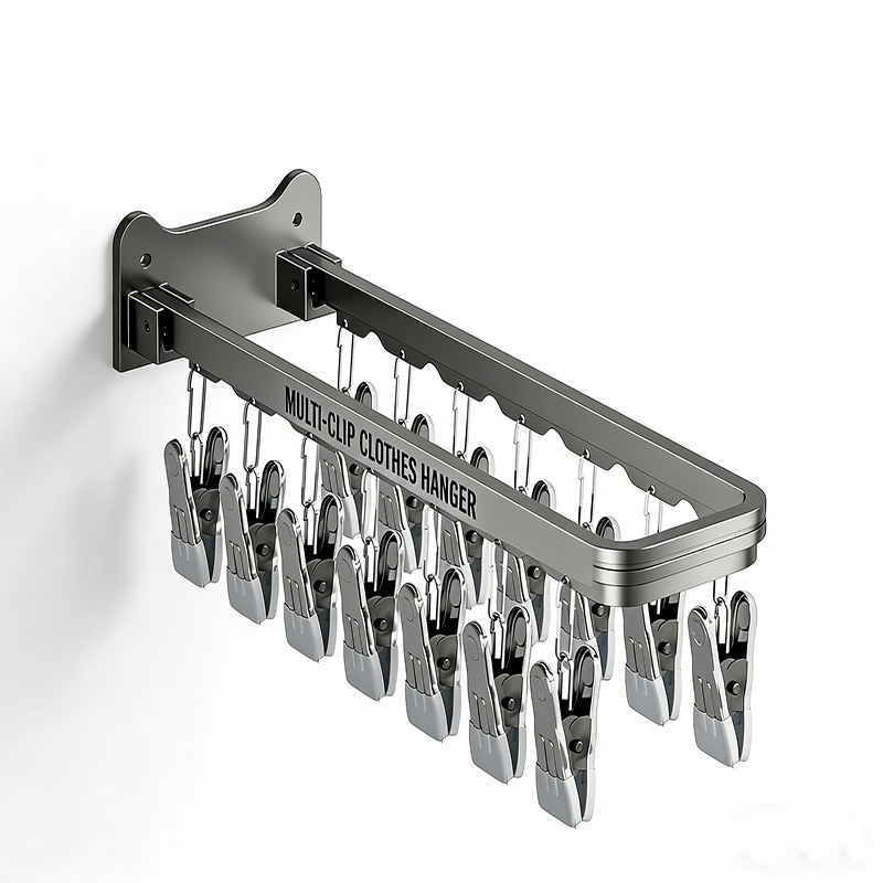 Foldable Wall-Mounted Sock Drying Rack with Clips – No Drill Space Aluminum Laundry Hanger for Balcony & Bathroom